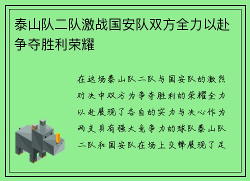 泰山队二队激战国安队双方全力以赴争夺胜利荣耀